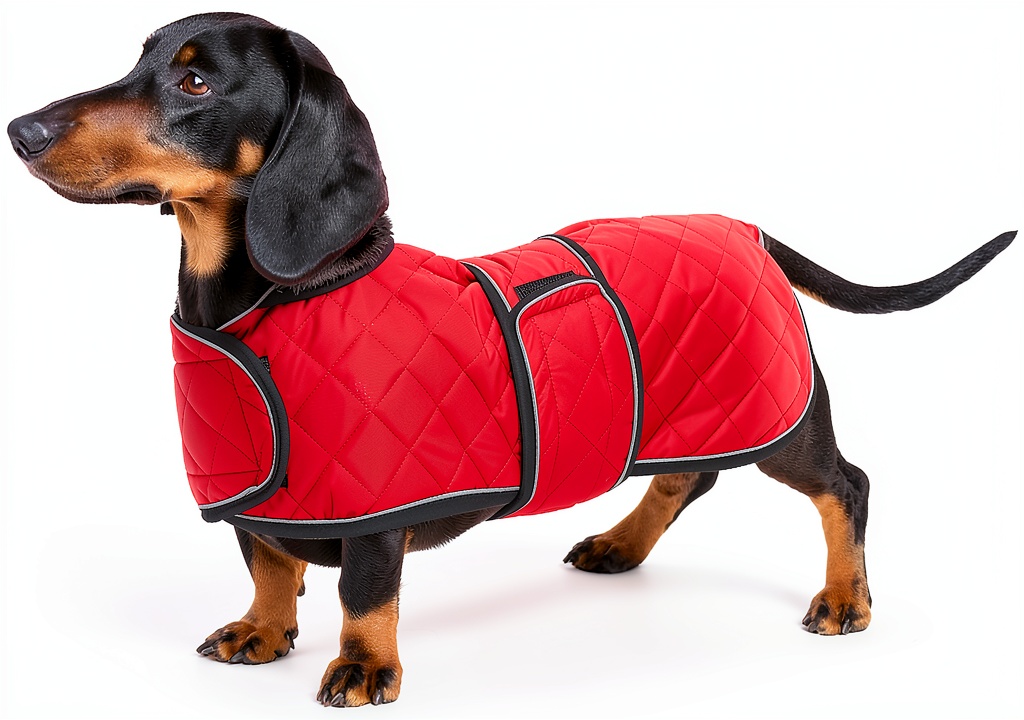 Geyecete dog coat on a Dachshund in a park