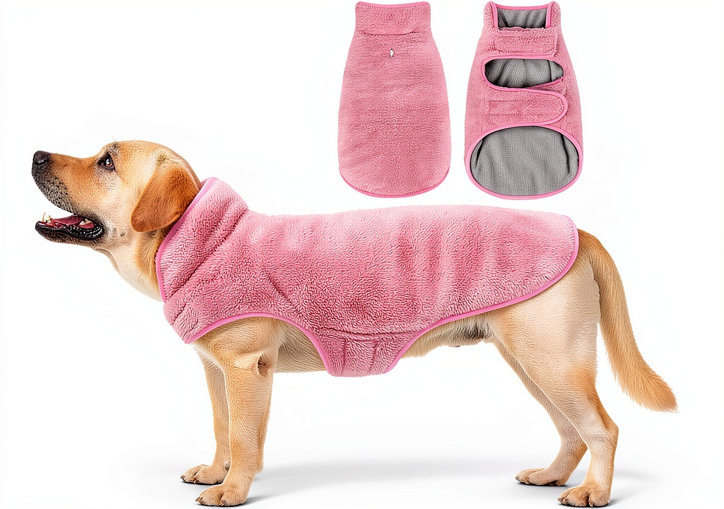 Malier reversible dog coat in blue and gray colors on a Labrador