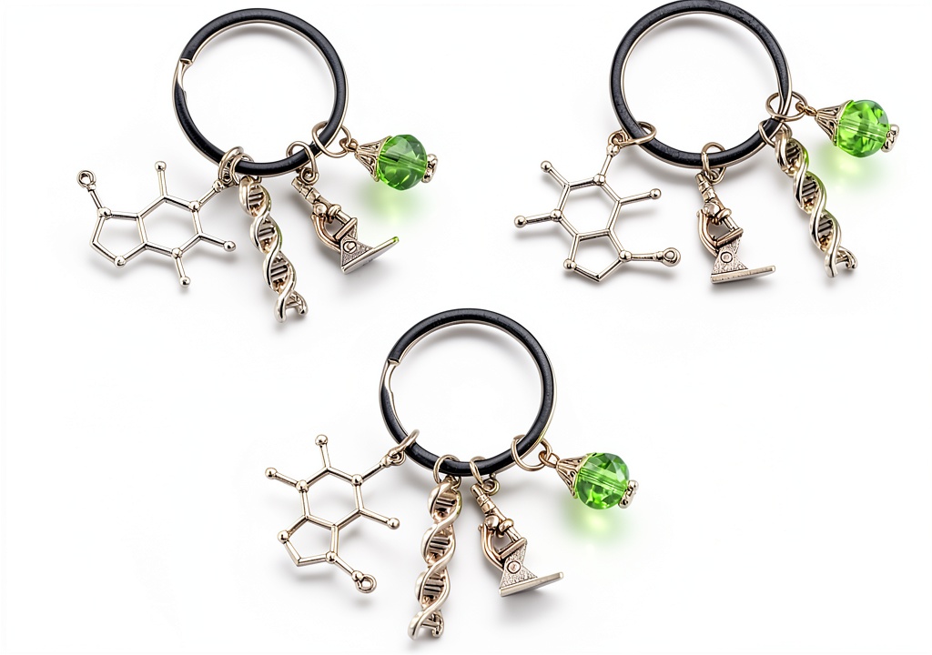 'ATMA microscope keychain displayed on a keyring with science-themed background'