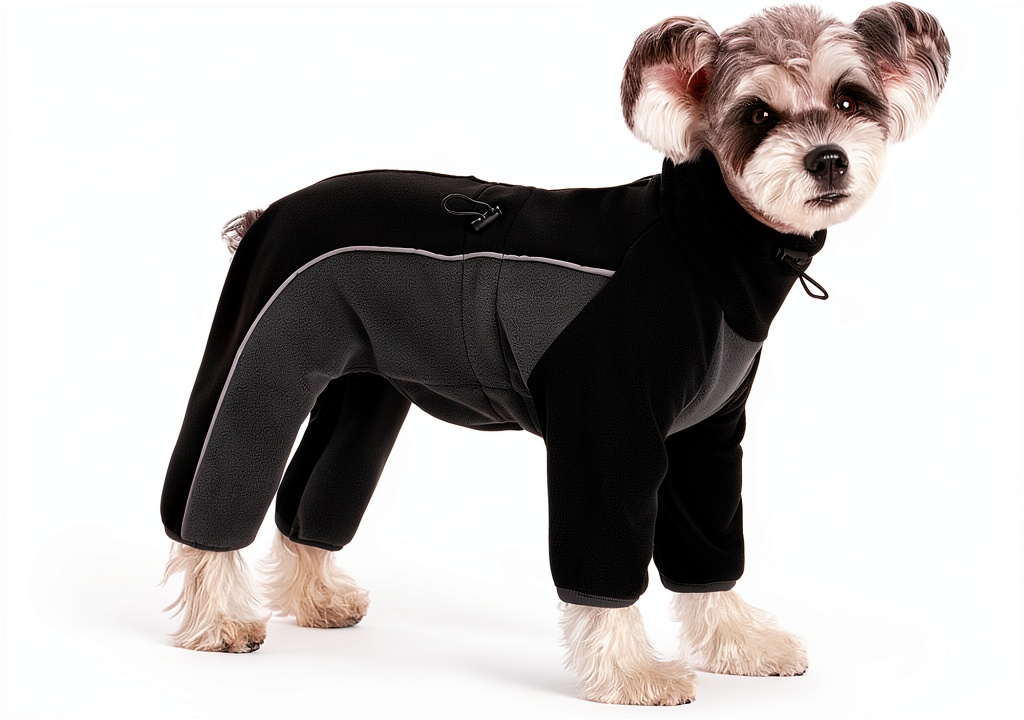 MIAODODO Fleece Dog Coat on a small dog in a snowy setting