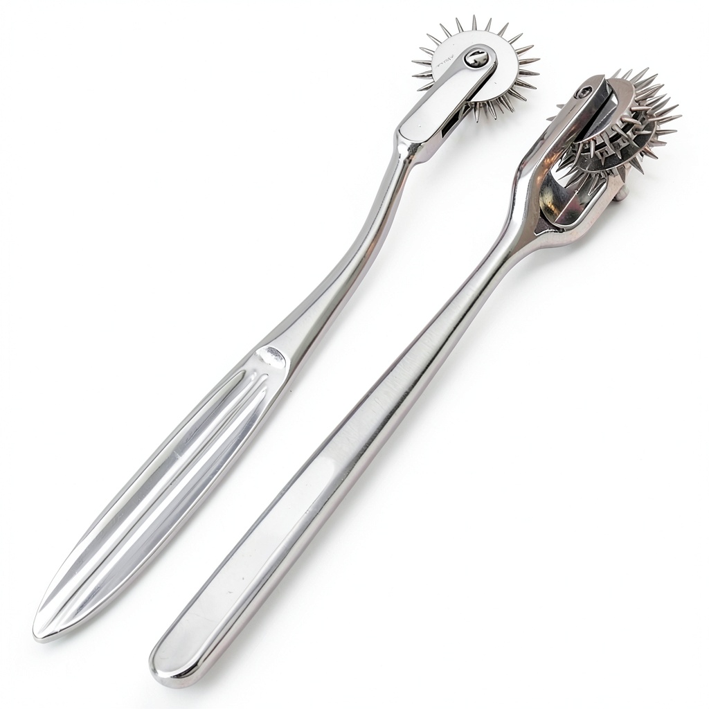 AAPROTOOLS Wartenberg Pinwheel set showing single and triple heads on a medical tray