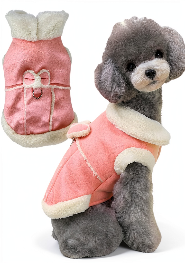 Jecikelon dog coat in gray with bow detail on a dog outdoors